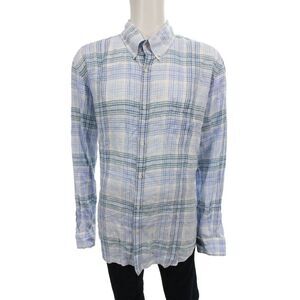 J. Mclaughlin Mens Linen Collar Plaid Long Sleeve Button Down Shirt Blue Size L